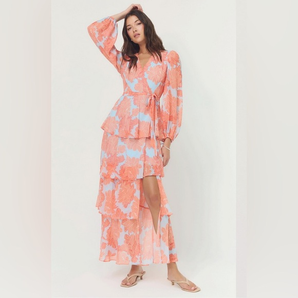 NWT Hutch Bardot Dress in Sky Coral Layered Outline Peonies Chiffon Size Small